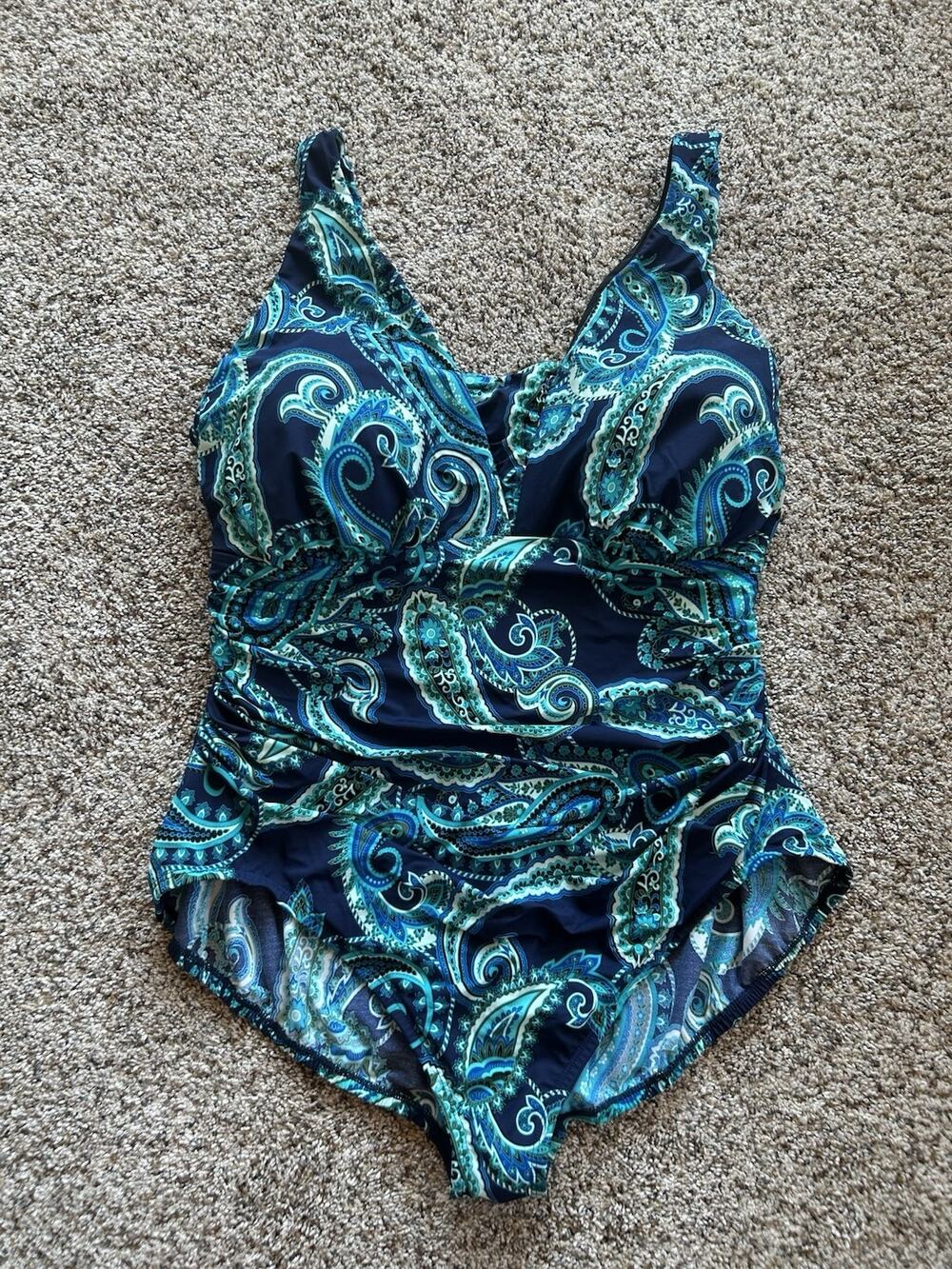 Lands End 24W Swim Suit Ruched 1-piece Paisley Navy Blue/Teal H26